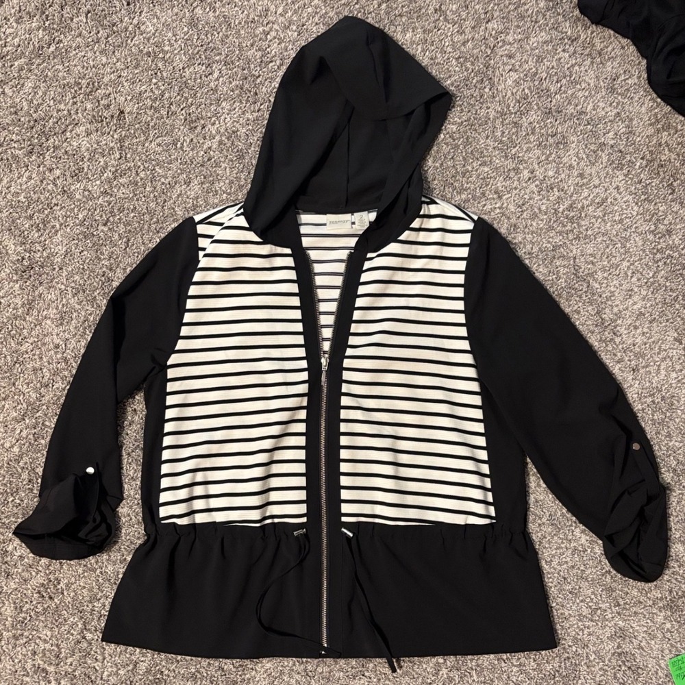 Zenergy‎ by Chico's Womens Striped Zip Hooded Jacket Black White PTP 21" Size 2